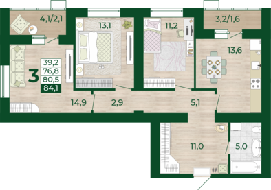 76,8 м², 3-комнатная квартира 8 824 000 ₽ - изображение 1
