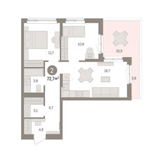 Квартира 72,7 м², 2-комнатная - изображение 2