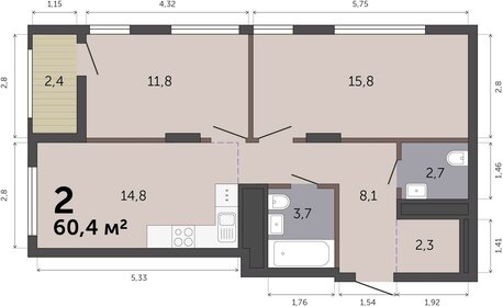 Квартира 60,4 м², 2-комнатная - изображение 1