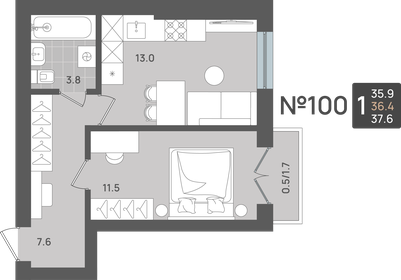 Квартира 36,4 м², 1-комнатная - изображение 1