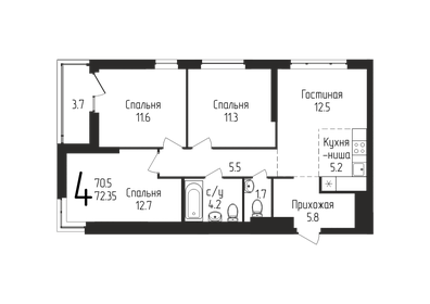 Квартира 72,4 м², 4-комнатная - изображение 1