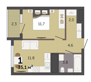 Квартира 35,1 м², 1-комнатная - изображение 2