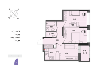 Квартира 59,5 м², 3-комнатная - изображение 1