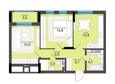 Квартира 58,6 м², 2-комнатная - изображение 1
