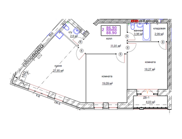 Квартира 88,9 м², 2-комнатная - изображение 1