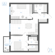 Квартира 63,7 м², 2-комнатная - изображение 2