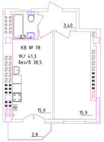 Квартира 41,3 м², 1-комнатная - изображение 1