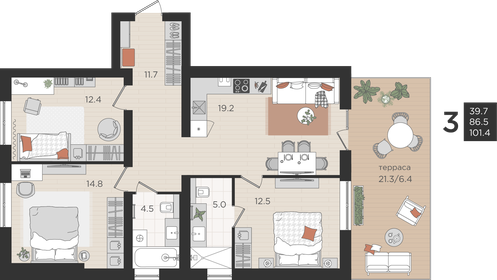 Квартира 86,5 м², 3-комнатная - изображение 1