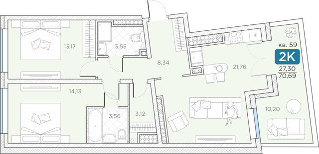 67,3 м², 2-комнатная квартира 32 180 286 ₽ - изображение 22
