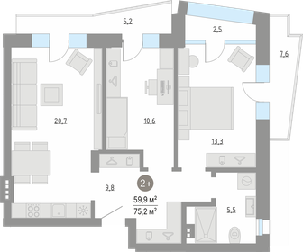 Квартира 59,9 м², 2-комнатная - изображение 1