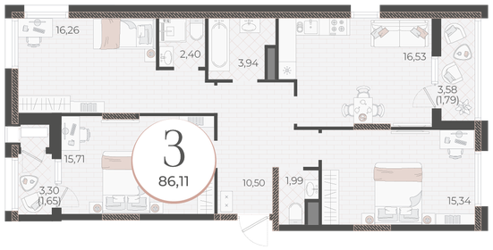 Квартира 86,1 м², 3-комнатная - изображение 1