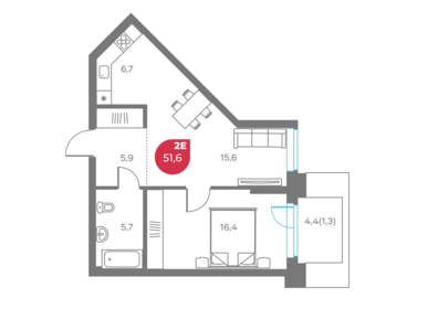 Квартира 51,6 м², 2-комнатная - изображение 1
