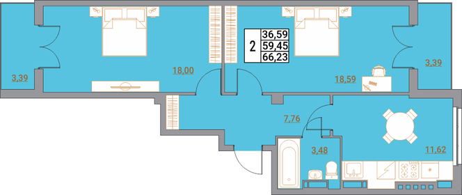 Квартира 66,4 м², 2-комнатная - изображение 1