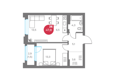Квартира 47,8 м², 2-комнатная - изображение 1