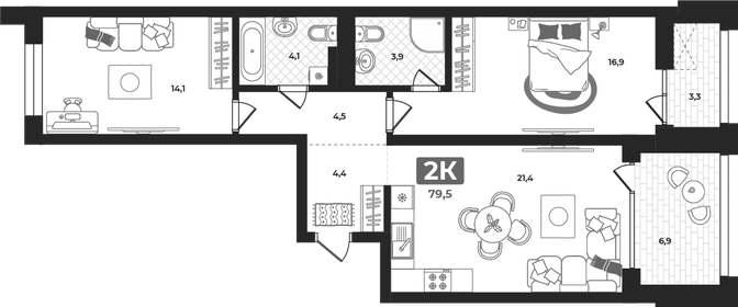 Квартира 80 м², 2-комнатная - изображение 1