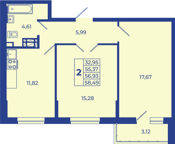 61 м², 3-комнатная квартира 5 999 000 ₽ - изображение 57