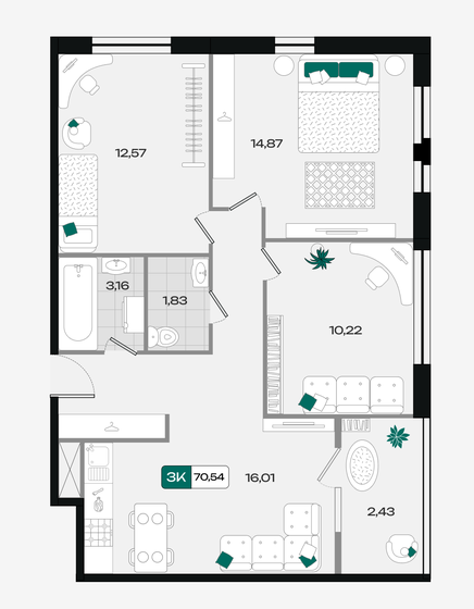 70,5 м², 3-комнатная квартира 8 817 500 ₽ - изображение 47