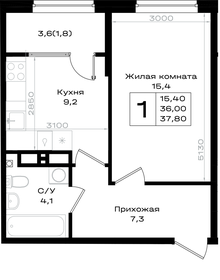 Квартира 37,8 м², 1-комнатная - изображение 1