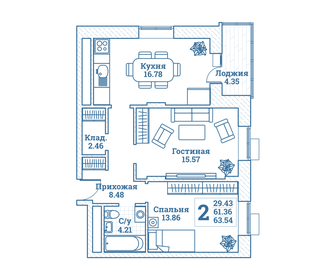 Квартира 63,5 м², 2-комнатная - изображение 1