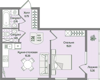 Квартира 44,1 м², 1-комнатная - изображение 1