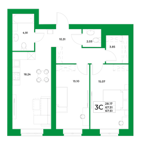 Квартира 67,5 м², 2-комнатная - изображение 1