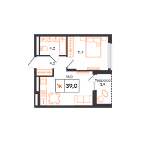 Квартира 39 м², 1-комнатная - изображение 1