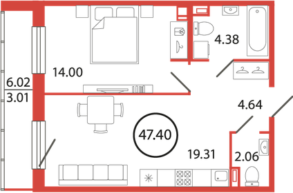 Квартира 47,4 м², 1-комнатная - изображение 1