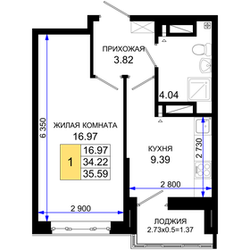 Квартира 35,6 м², 1-комнатная - изображение 1