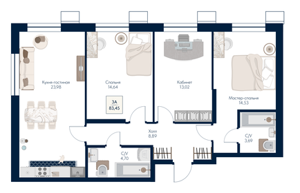 Квартира 83,5 м², 3-комнатная - изображение 1