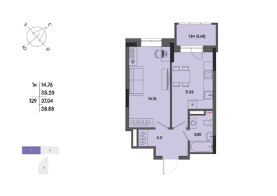 Квартира 37 м², 1-комнатная - изображение 1