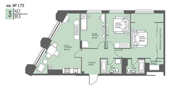 Квартира 91,3 м², 3-комнатная - изображение 1