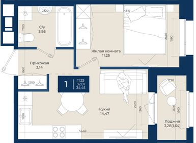 Квартира 34,5 м², 1-комнатная - изображение 1