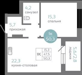 Квартира 50,3 м², 1-комнатная - изображение 1