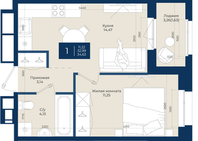 Квартира 34,6 м², 1-комнатная - изображение 1