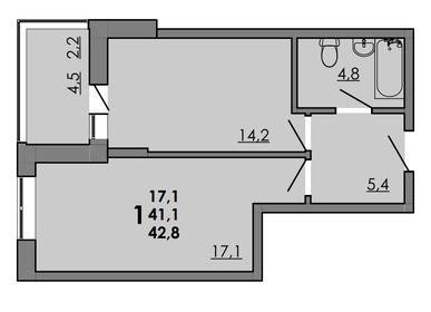 Квартира 42,8 м², 1-комнатная - изображение 1