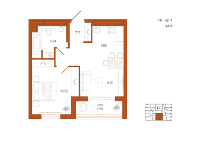 Квартира 44,1 м², 1-комнатная - изображение 1