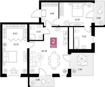 Квартира 81,7 м², 2-комнатная - изображение 1