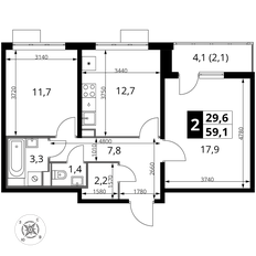 Квартира 59,1 м², 2-комнатная - изображение 2