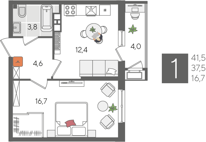 41,5 м², 1-комнатная квартира 8 818 750 ₽ - изображение 44