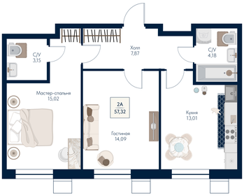 Квартира 57,3 м², 2-комнатная - изображение 1