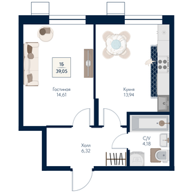 Квартира 39,1 м², 1-комнатная - изображение 1