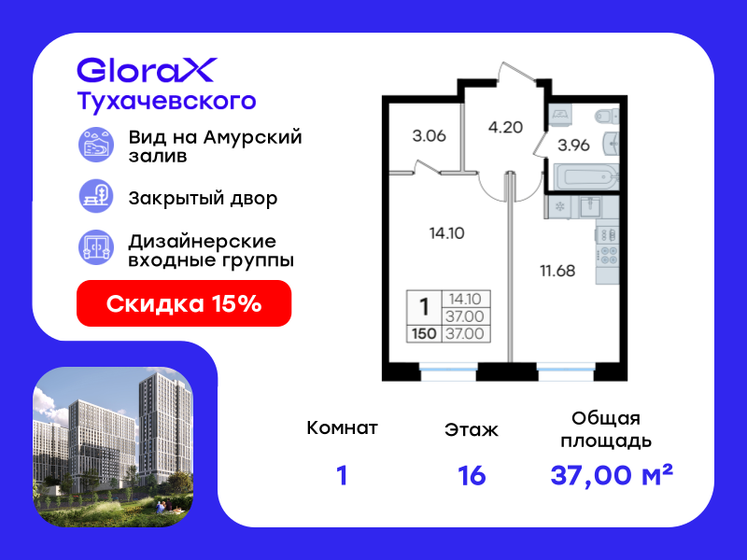 37 м², 1-комнатная квартира 7 247 057 ₽ - изображение 40