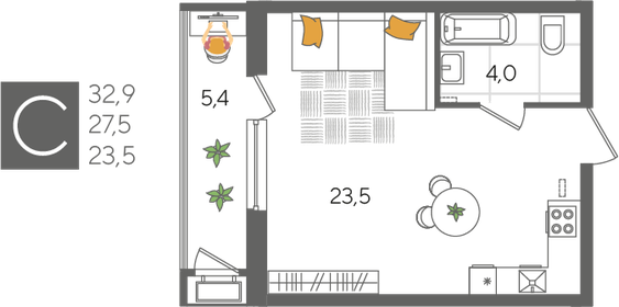 Квартира 32,9 м², студия - изображение 1