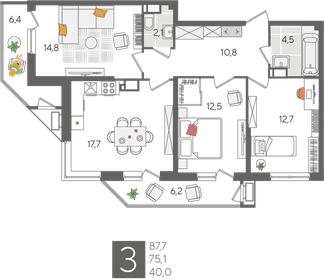 Квартира 87,7 м², 3-комнатная - изображение 1