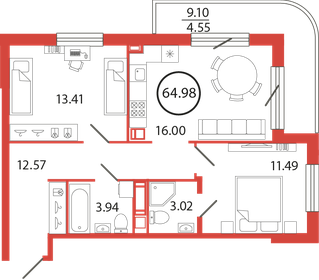 Квартира 65 м², 2-комнатная - изображение 1