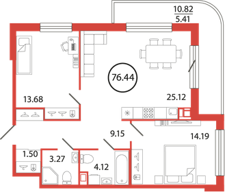 Квартира 76,4 м², 2-комнатная - изображение 1