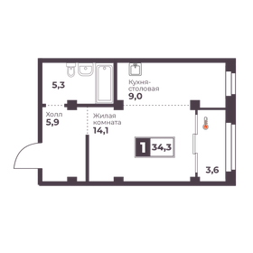 Квартира 34,3 м², 1-комнатная - изображение 1