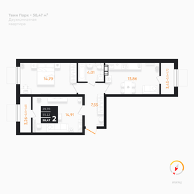 Квартира 58,5 м², 2-комнатная - изображение 1