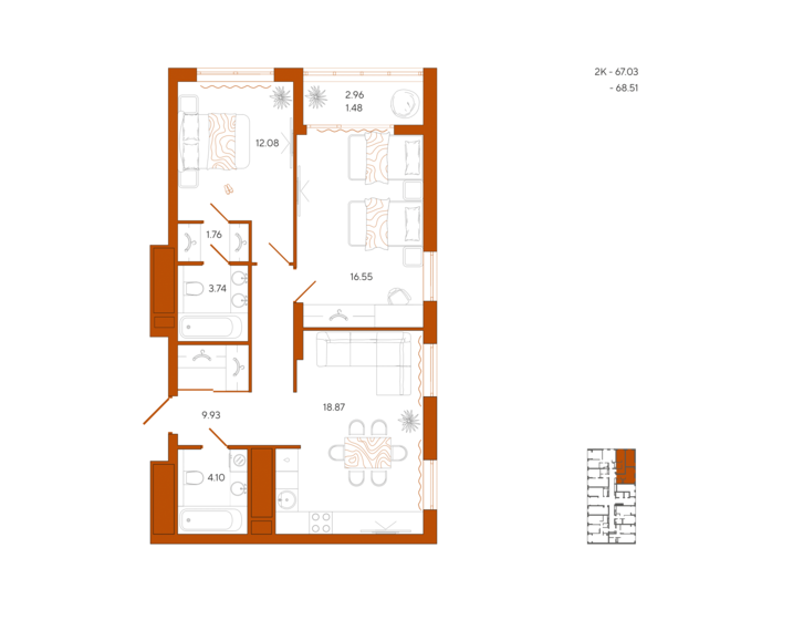 68,8 м², 2-комнатная квартира 9 145 080 ₽ - изображение 28
