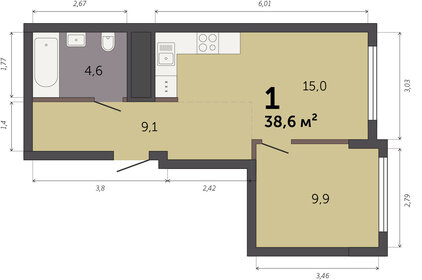 Квартира 38,6 м², 1-комнатная - изображение 1